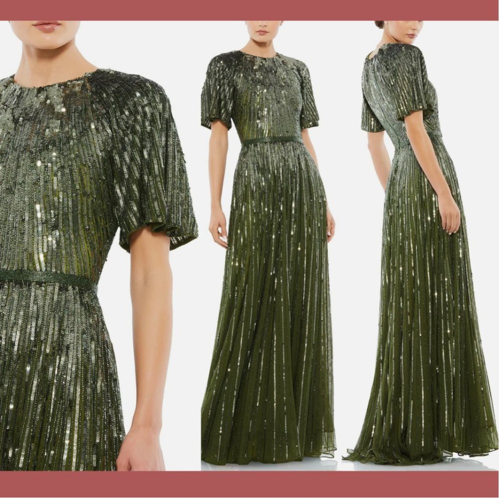 NEW $698 Mac Duggal [‎ 4 ] Short Sleeve Ombre Sequined Evening Gown Olive #Q548